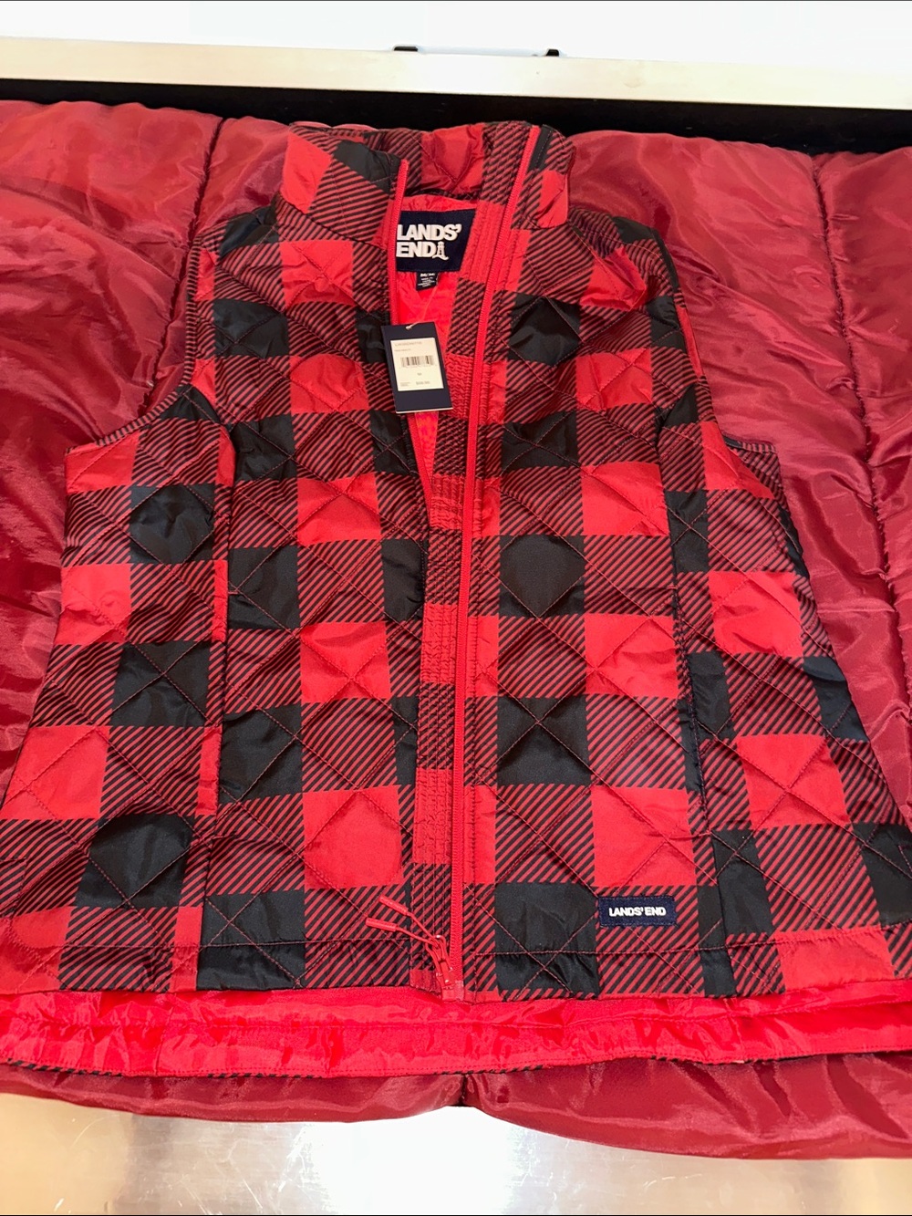 Lands' End Red and Black Buffalo Plaid Quilted Kids Vest